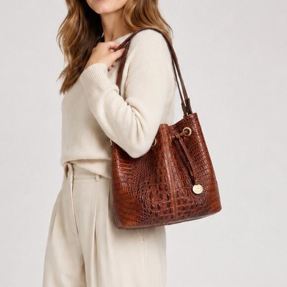 Brahmin Handbags - Brahmin Dana Melbourne Croc Embossed Leather Drawstring Bag Brown